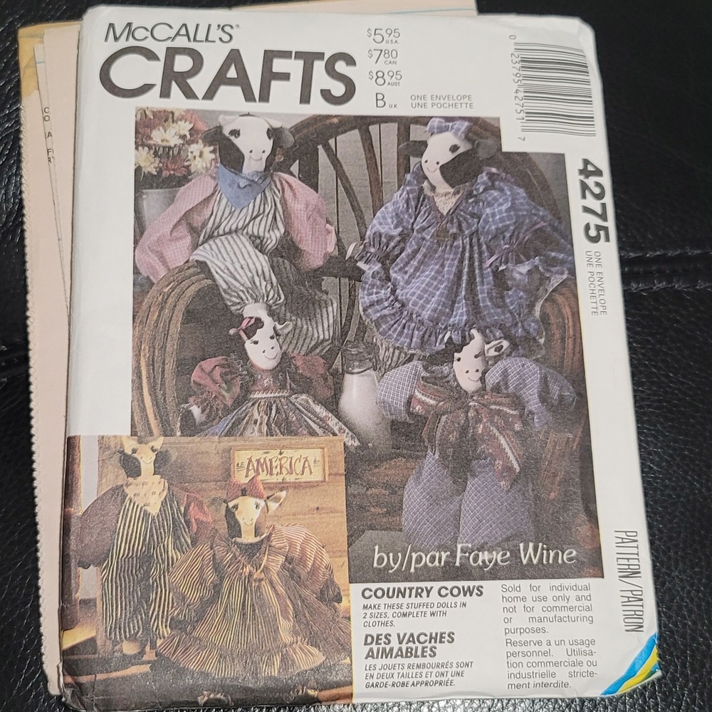 McCalls 4275 Country Cows Stuffed Doll Sewing Pattern Faye Wine Uncut Vintage